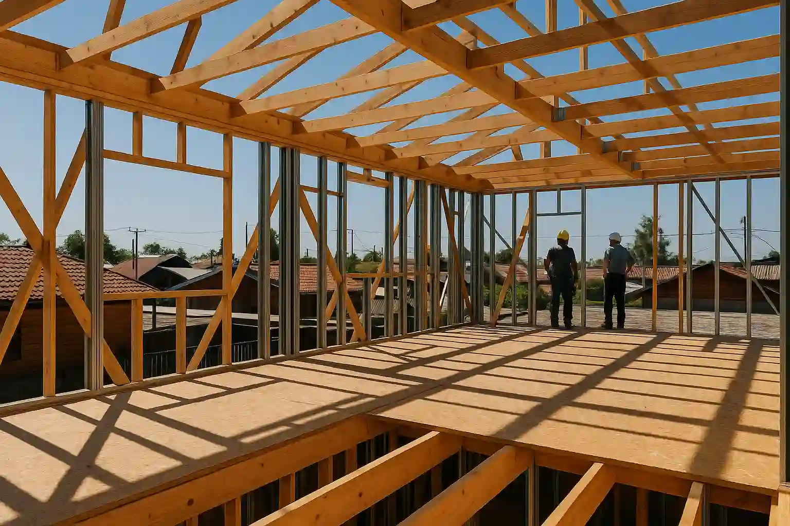 Obra en proceso de un segundo piso mostrando vigas de madera, pilares Metalcon y paneles estructurales.