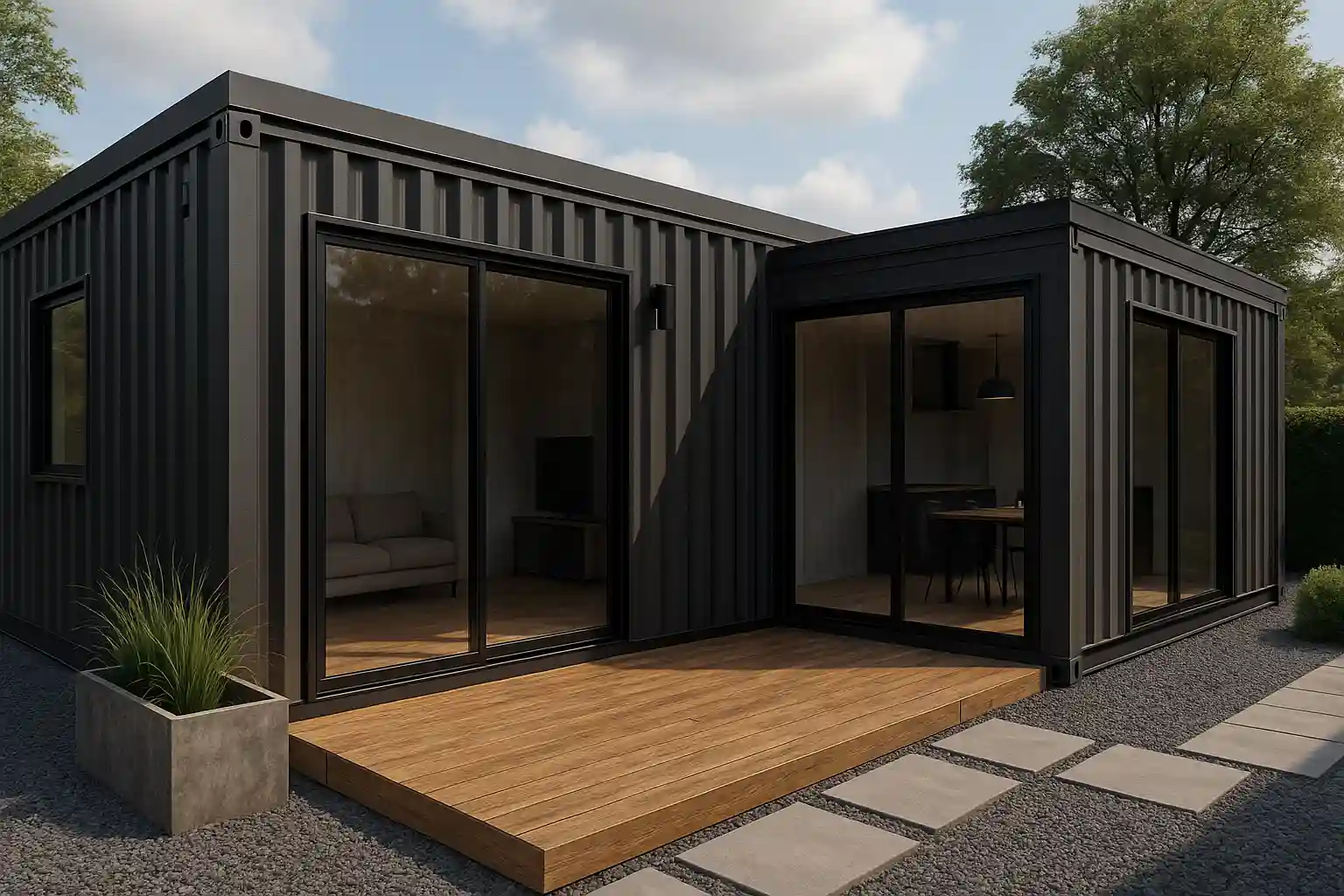 Modelo de casa prefabricada moderna de una planta con estilo minimalista.