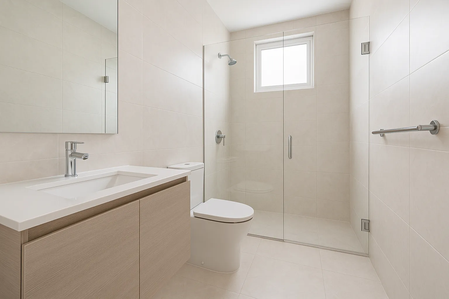 Pequeño baño de ceramica clara de gran formato.
