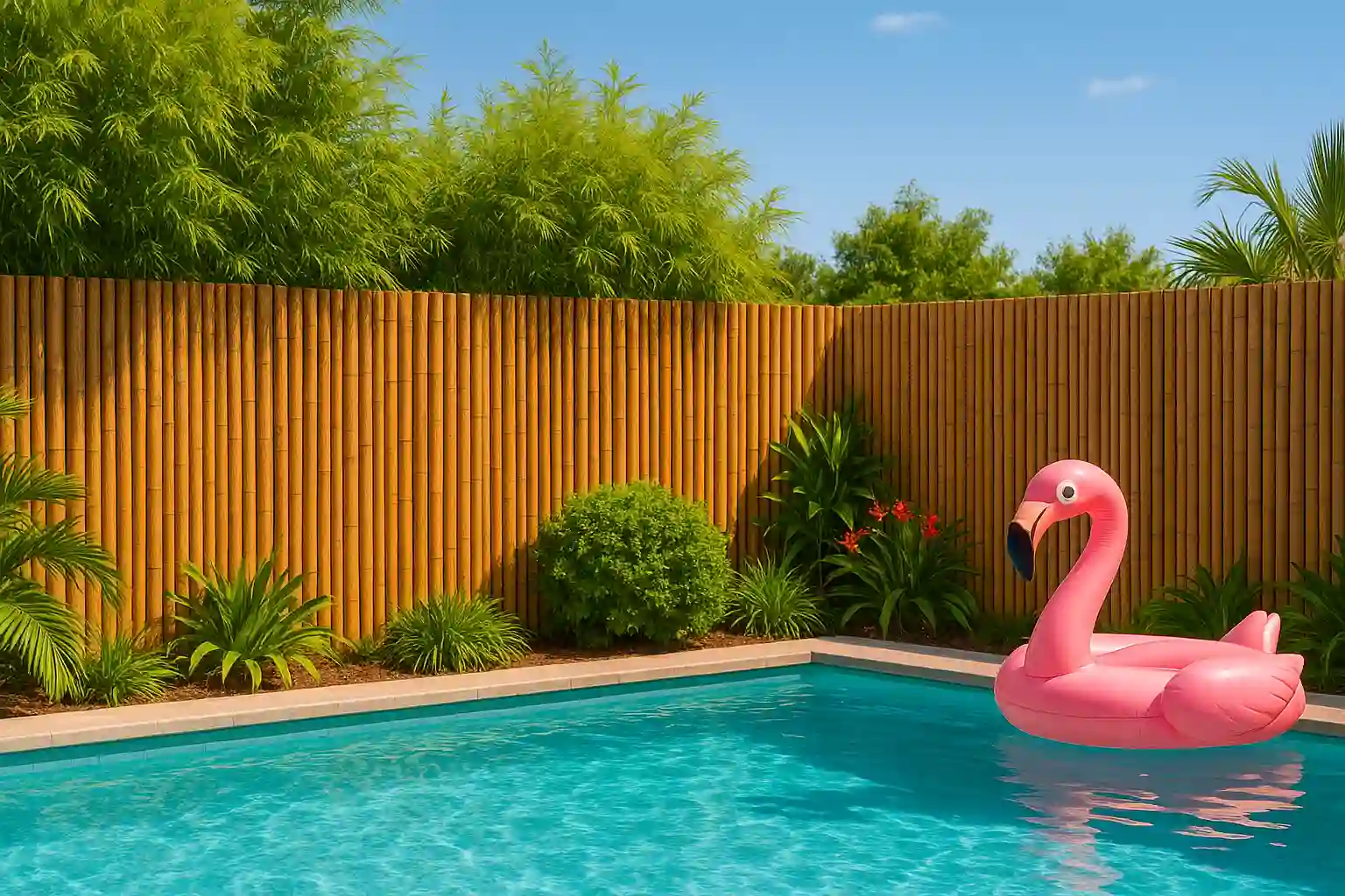 Cerco natural de cañas de bambu instalado alrededor de una piscina