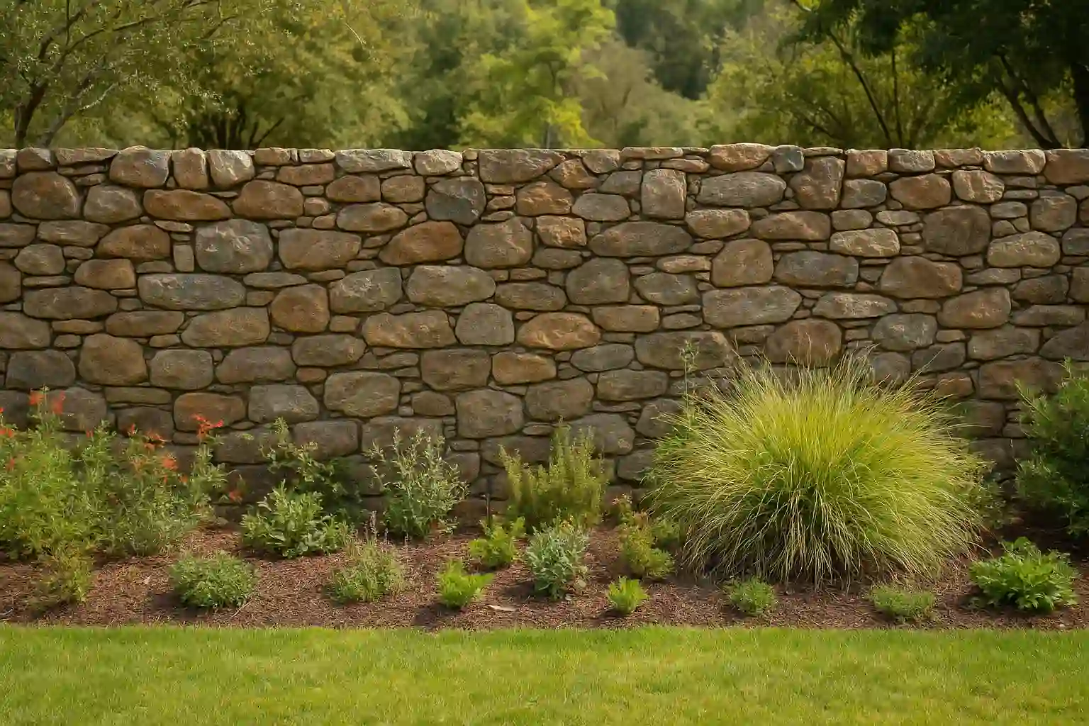 Muro perimetral de piedra natural estilo pirca, integrádose al paisaje de un jardín con plantas