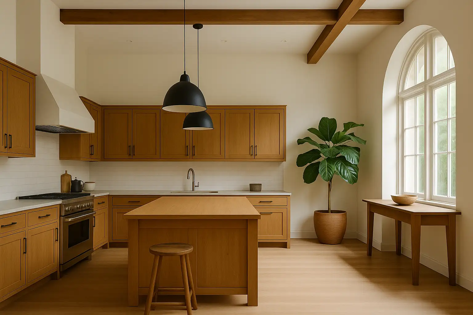 Cocina espaciosa con techos altos.
