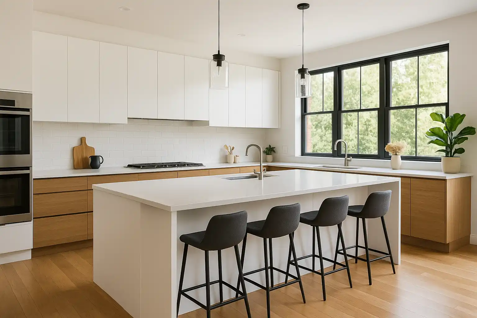 Cocina grande moderna con isla central blanca y taburetes altos