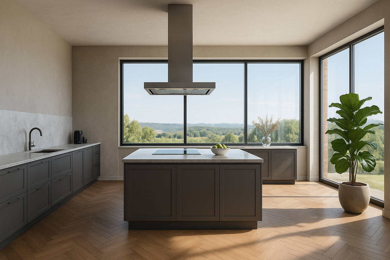 Cocina amplia con ventanales panorámicos, campana moderna sobre la isla y vista al exterior.