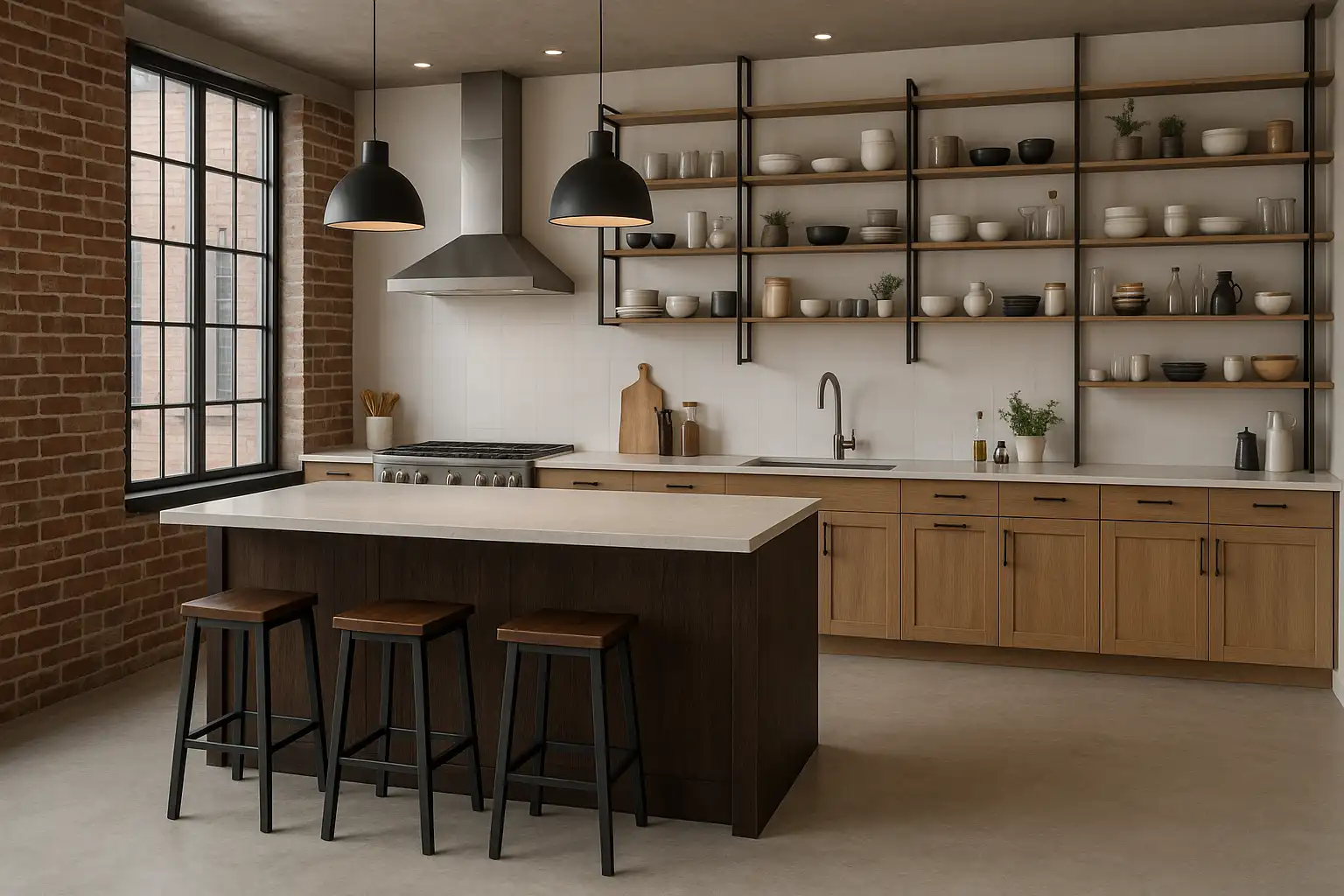 Render 3d de cocina abierta esilo loft con isla de madera oscura y estanterías abiertas