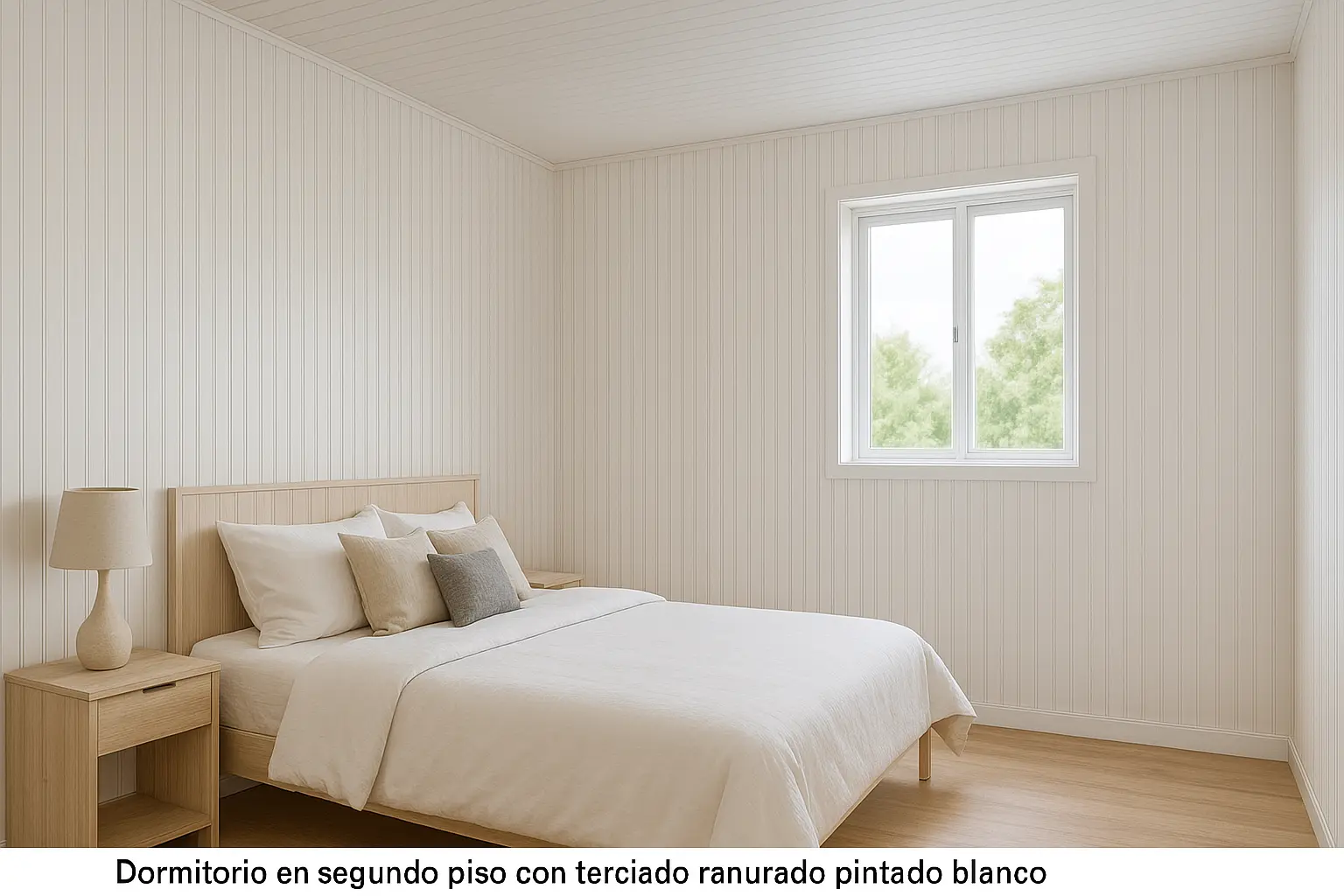 Interior de segundo piso con paredes y techo de madera terciado ranurado blanco, creando un ambiente luminoso y acogedor.