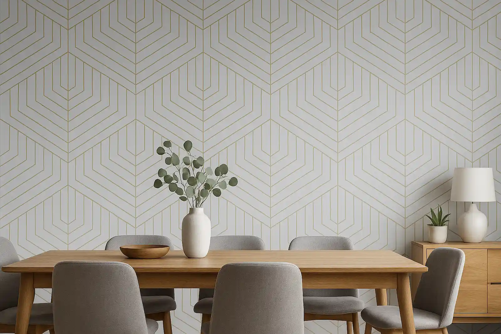 foto de papel mural con diseño geometrico en comedor