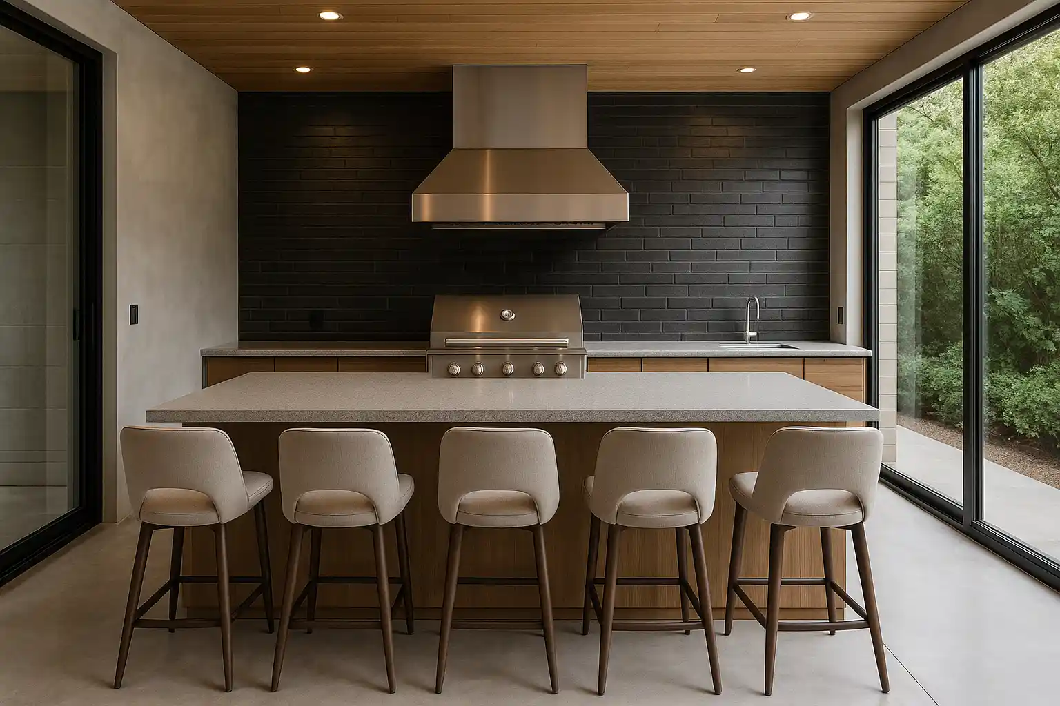 Quincho cerrado estilo moderno con mesón central, parrilla a gas y asientos cómodos, ideal para reuniones familiares en casa.