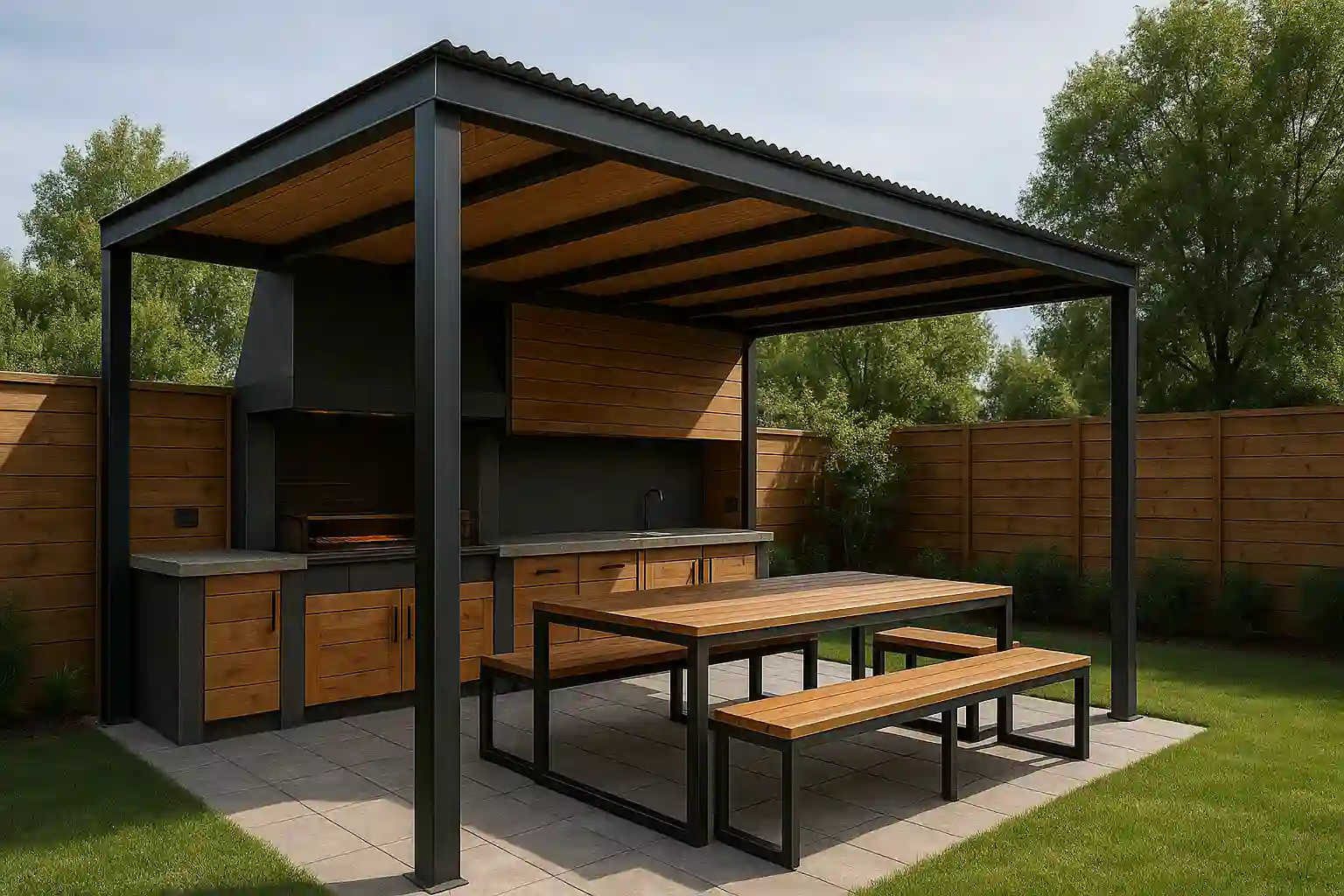 quincho moderno con estructura de metal y detalles en madera en patio residencial, ideal para asados y reuniones al aire libre en Chile
