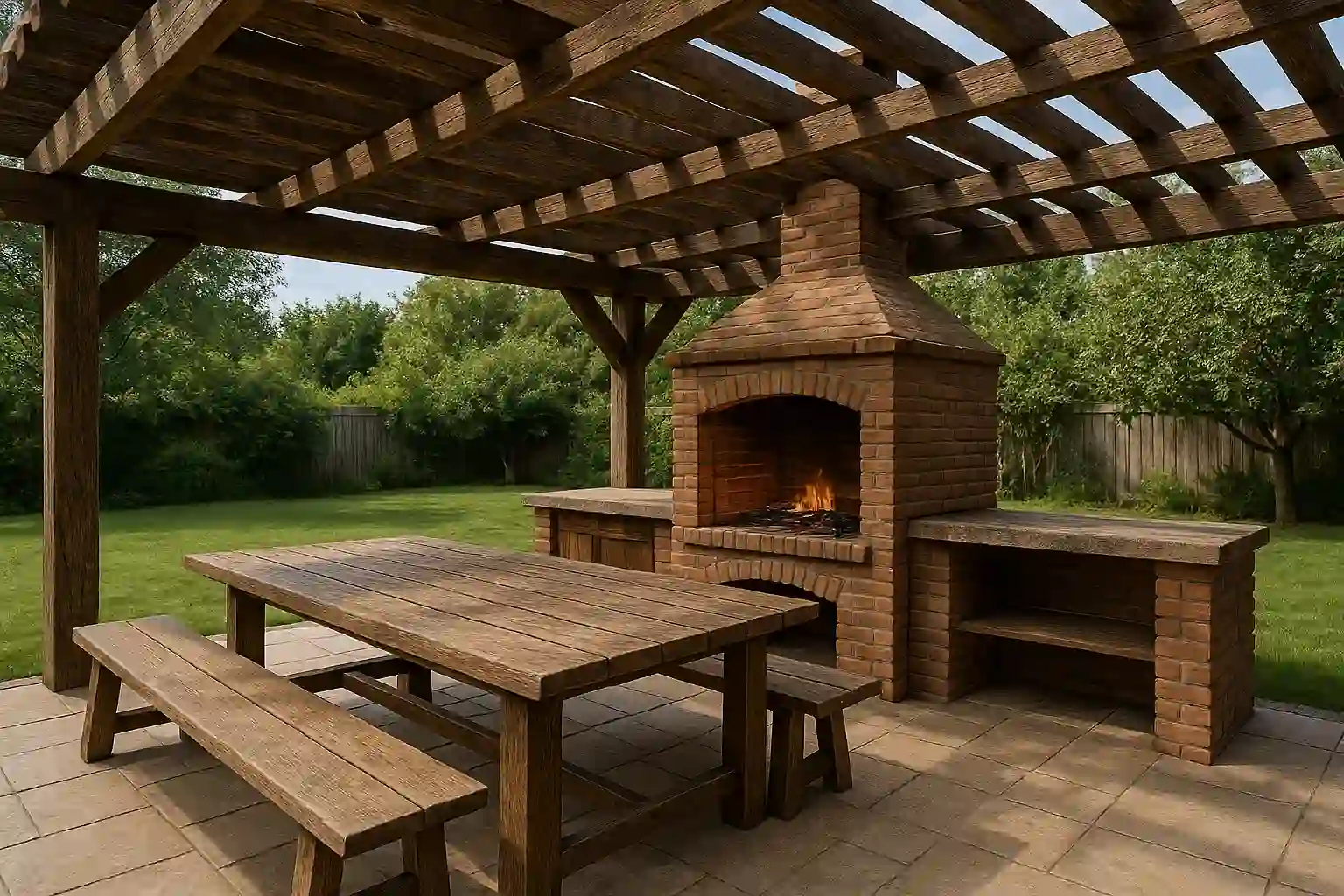 quincho rústico con parrila de ladrillo bajo pérgola de madera en jardín, ideal para reuniones al aire libre en Chile