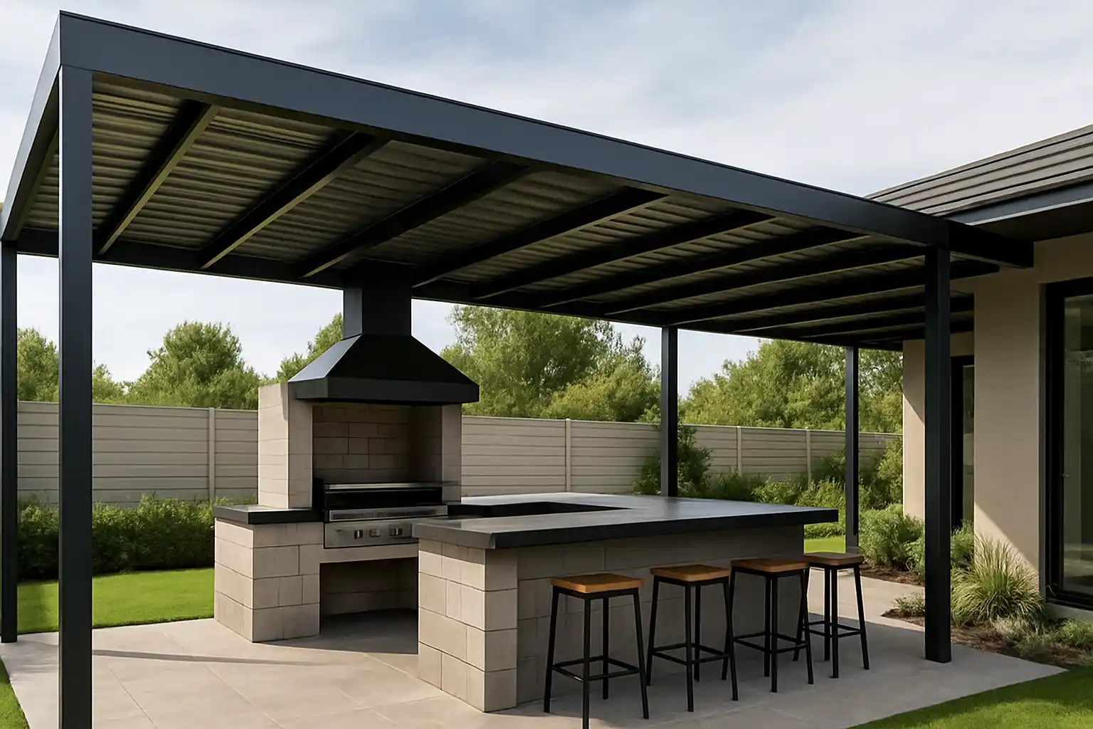 Quincho moderno techado con estructura metálica, parrilla empotrada y encimera de piedra en terraza exterior..
