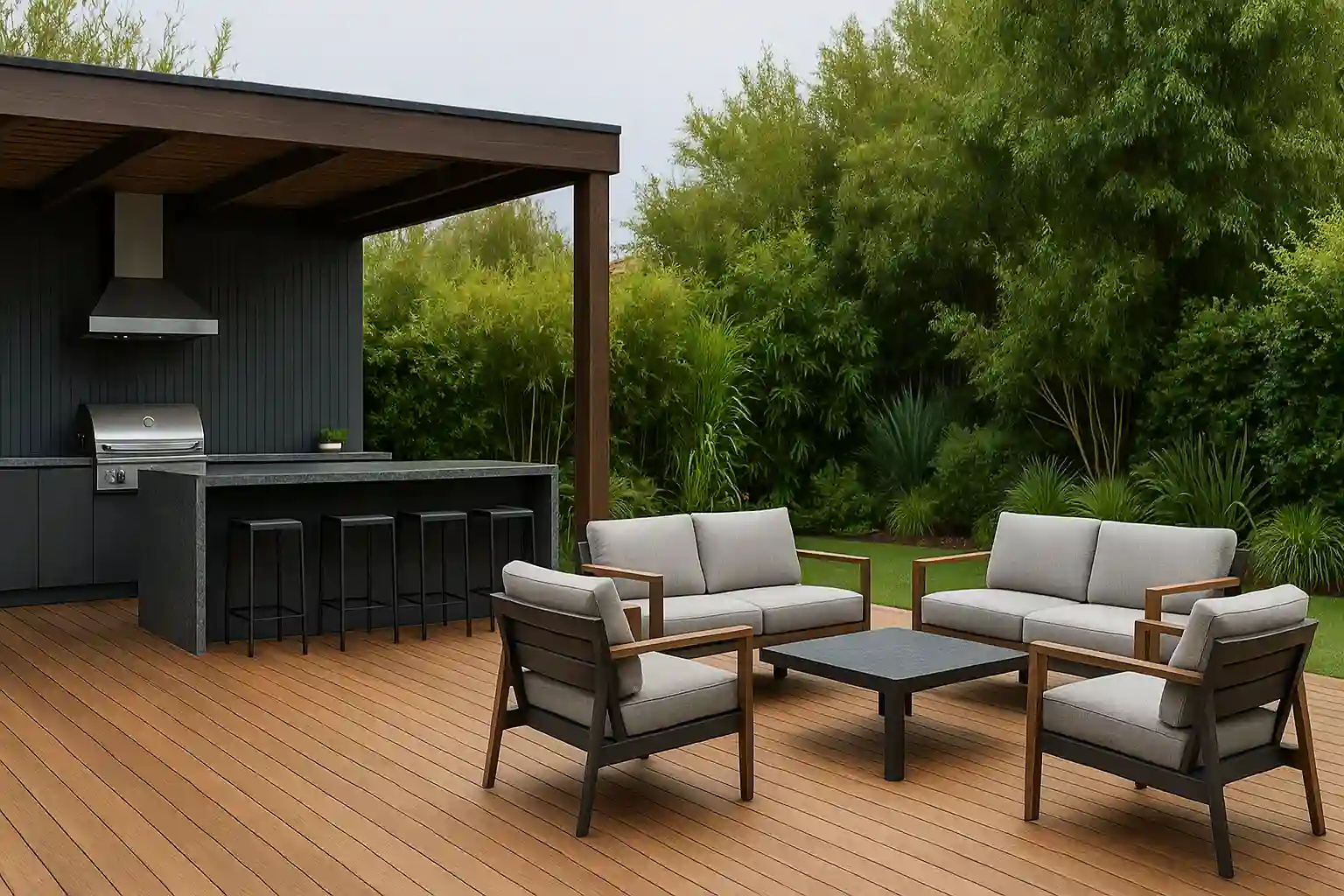 Terraza de madera con quincho contemporáneo, cocina exterior integrada y área de asientos bajo pérgola