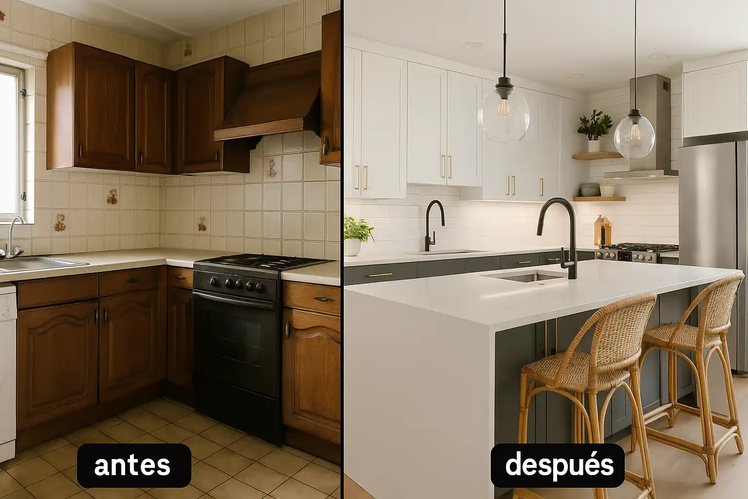 Comparativa entre antes y después de remodelacion integral de cocina: estilo tradicional versus diseño moderno con isla.