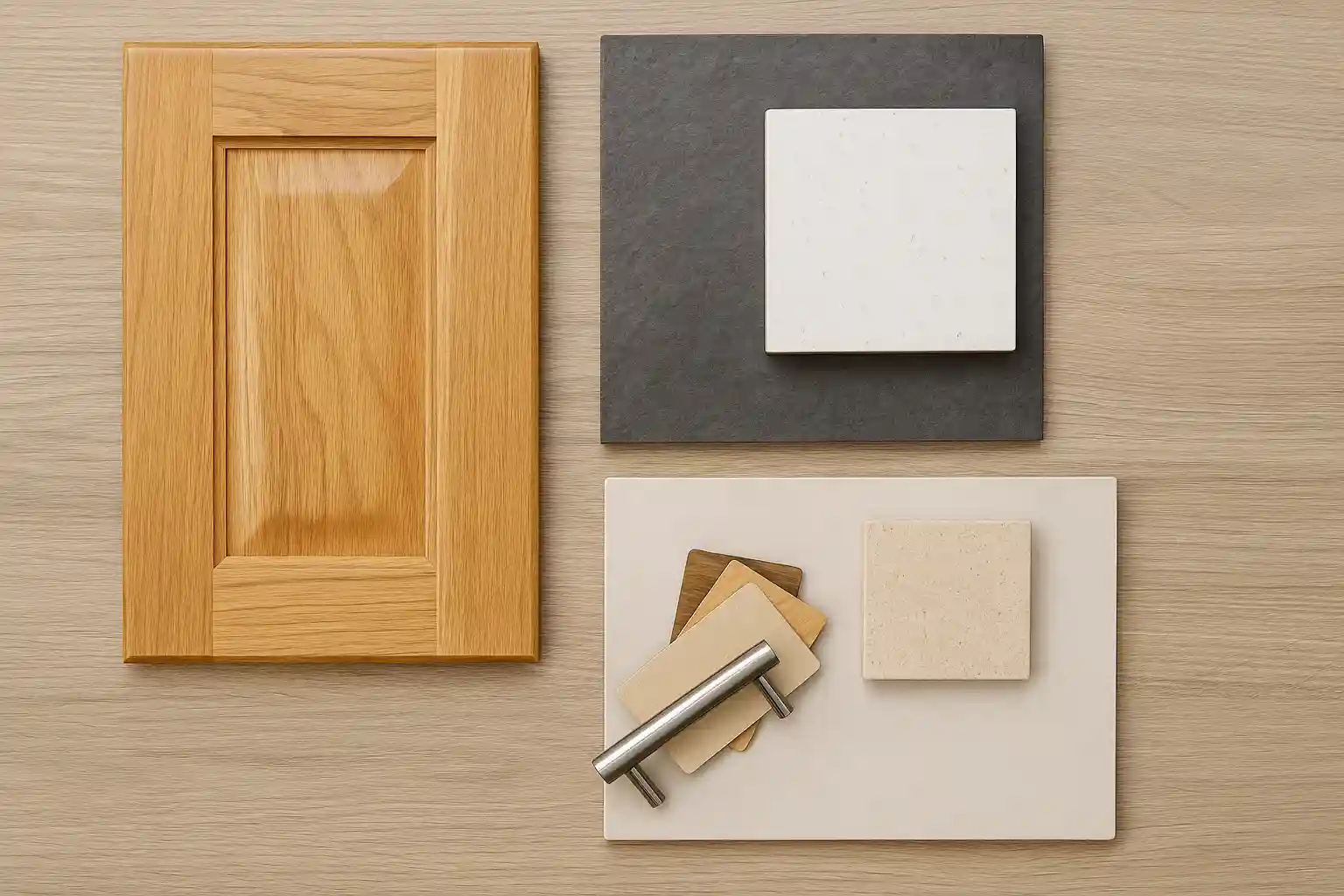 Muestras de materiales para remodelación de cocina: mandera, cuarzo y tiradores metálicos.