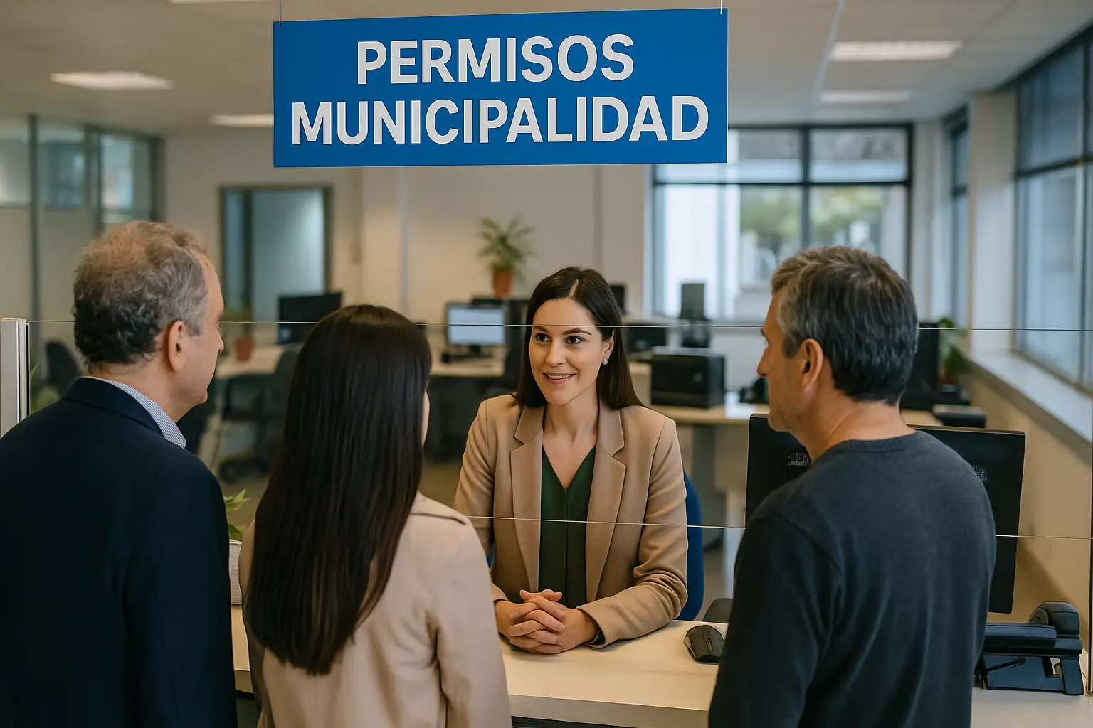 Atención ciudadana en oficina municipal para permisos de construcción y ampliación en Santiago.