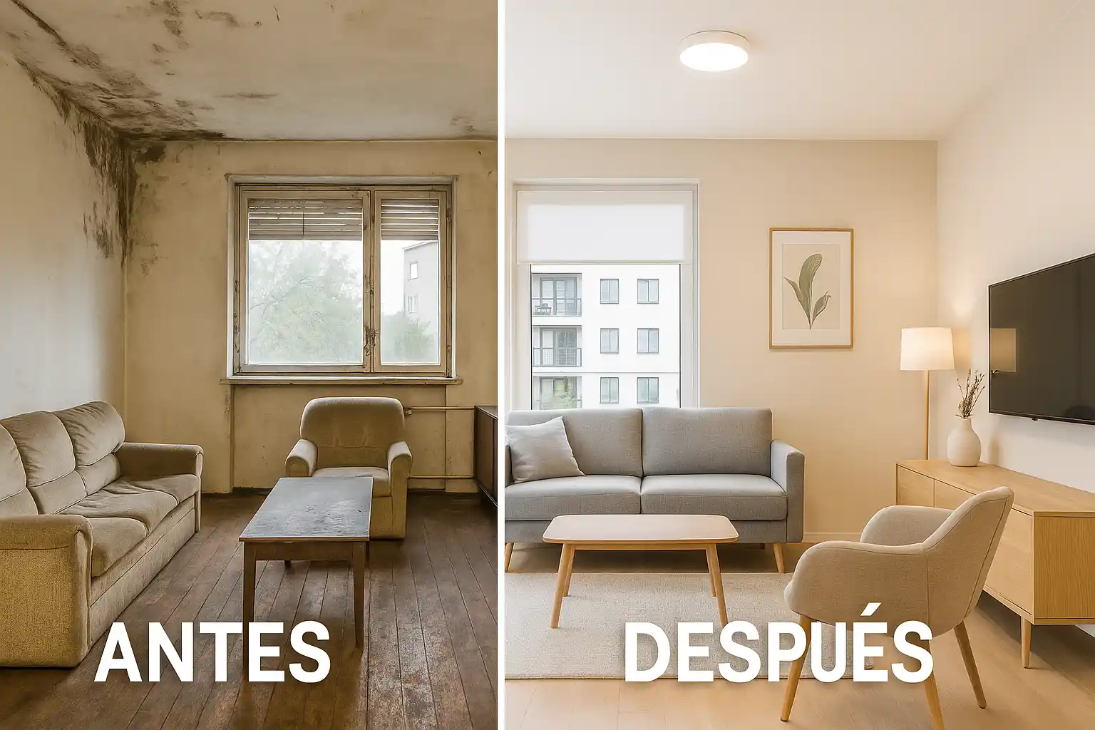 Comparación antes y después de remodelación de living, con mejoras visibles de muros, muebles y luminosidad.