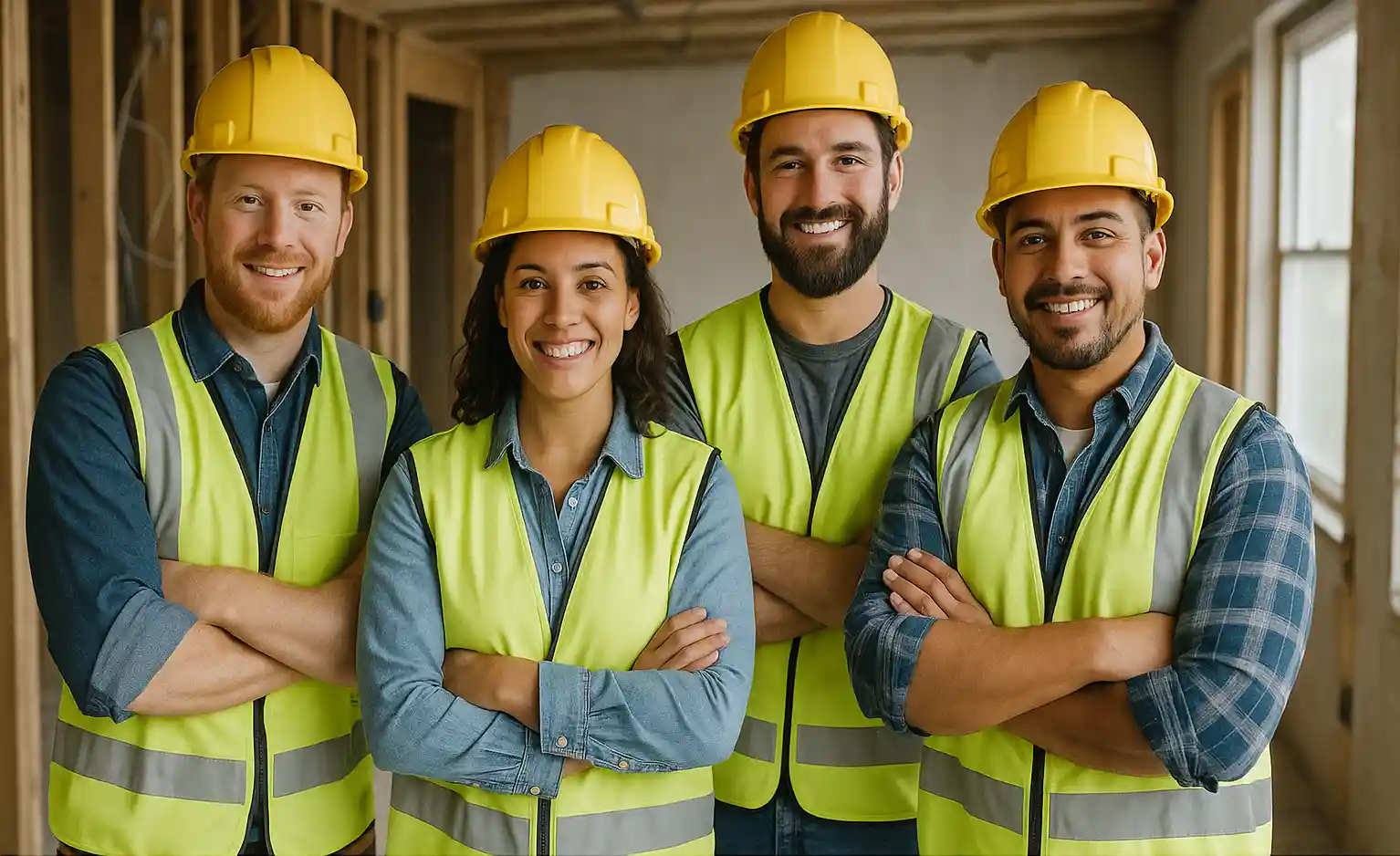 Equipo de trabajo en obra de remodelación, con casco y chaleco reflectante, posando en construcción interior.