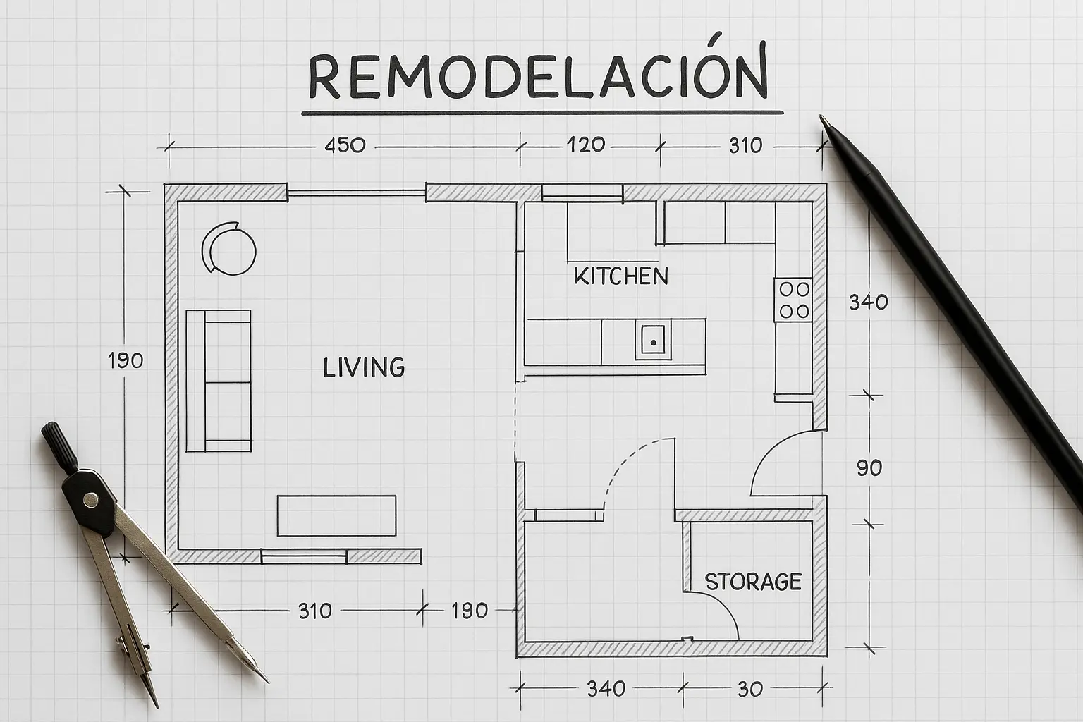 Plano arquitectónico inicial de remodelación de casa con distribución de living,cocina y bogeda.