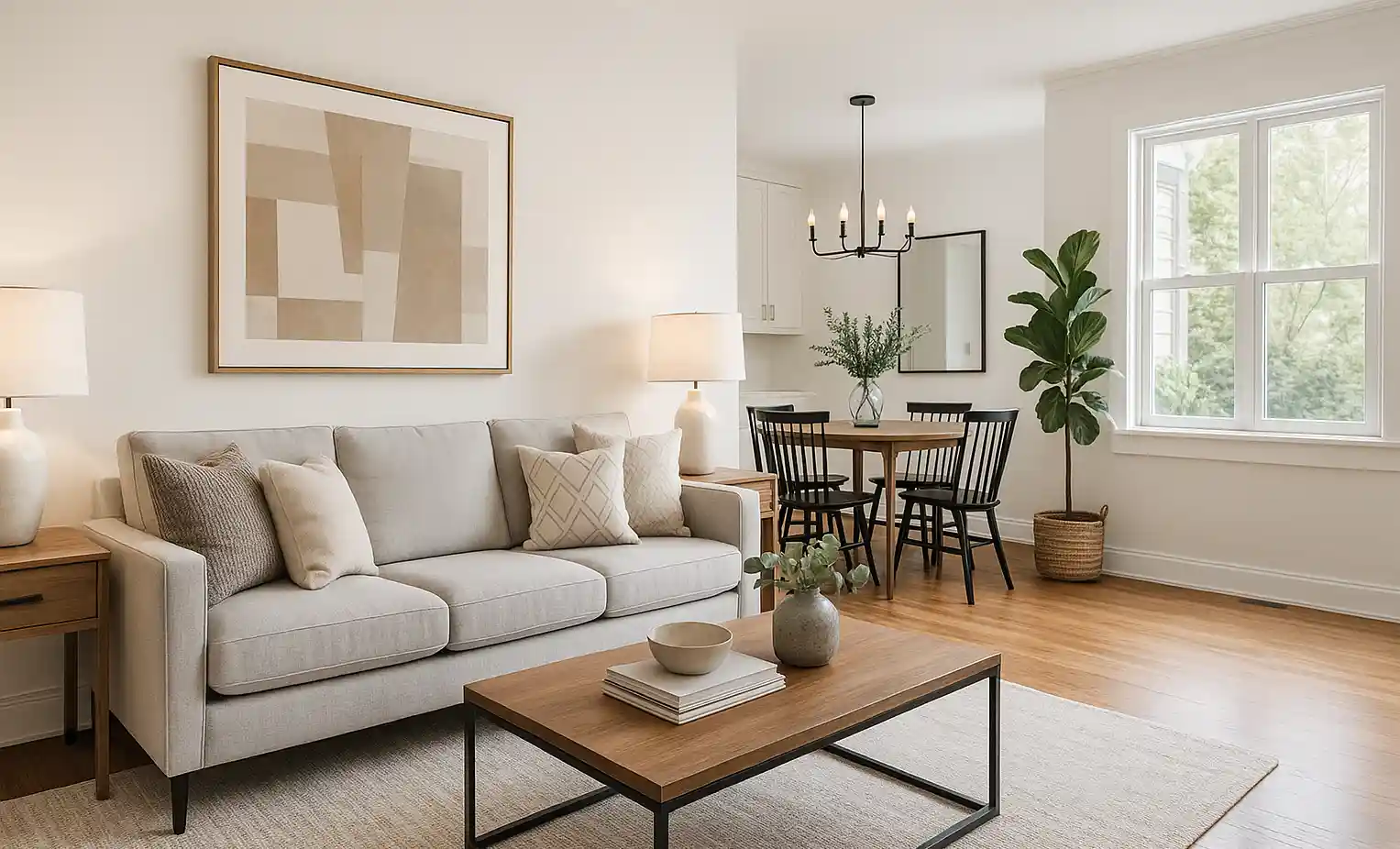 Sala comedor remodelado con estilo moderno, muebles de madera clara, sofá beige y luz natural ambiente acogedor.