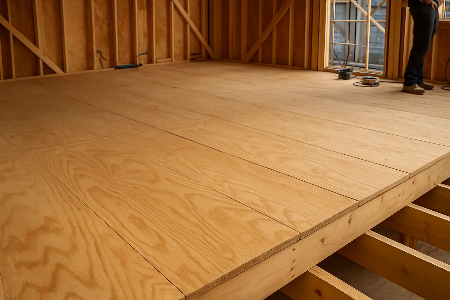 Tablero de madera contrachapada estructural formando el sueldo de un segundo piso.