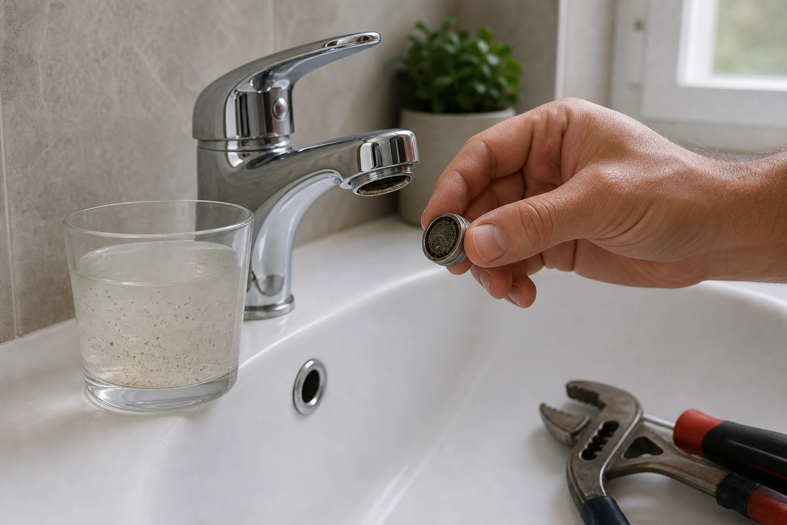 Agua con poca presión y sedimentos saliendo desde una grifería