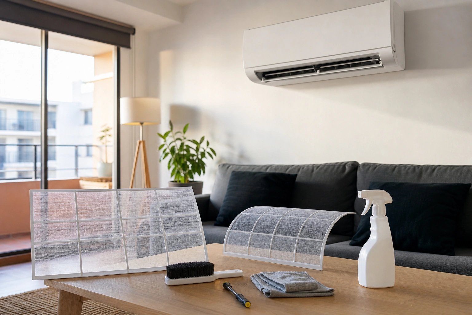 Aire acondicionado split usado como calefacción en un living de departamento