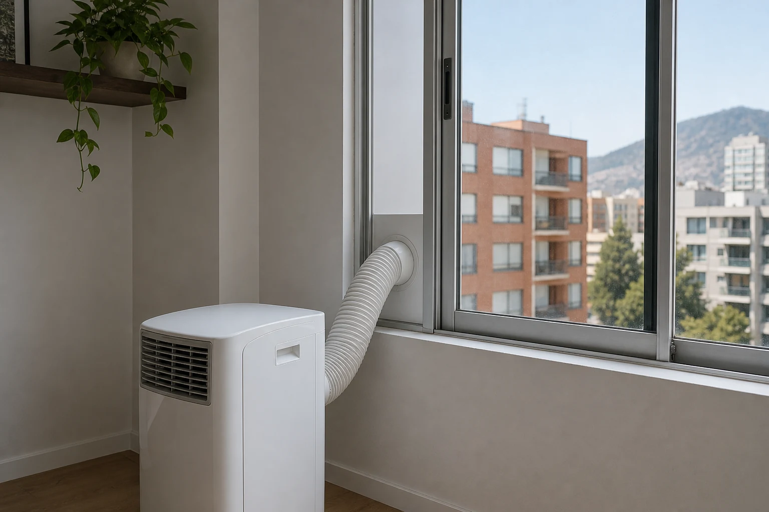 Aire acondicionado portátil junto a una ventana con adaptador para la salida de aire caliente