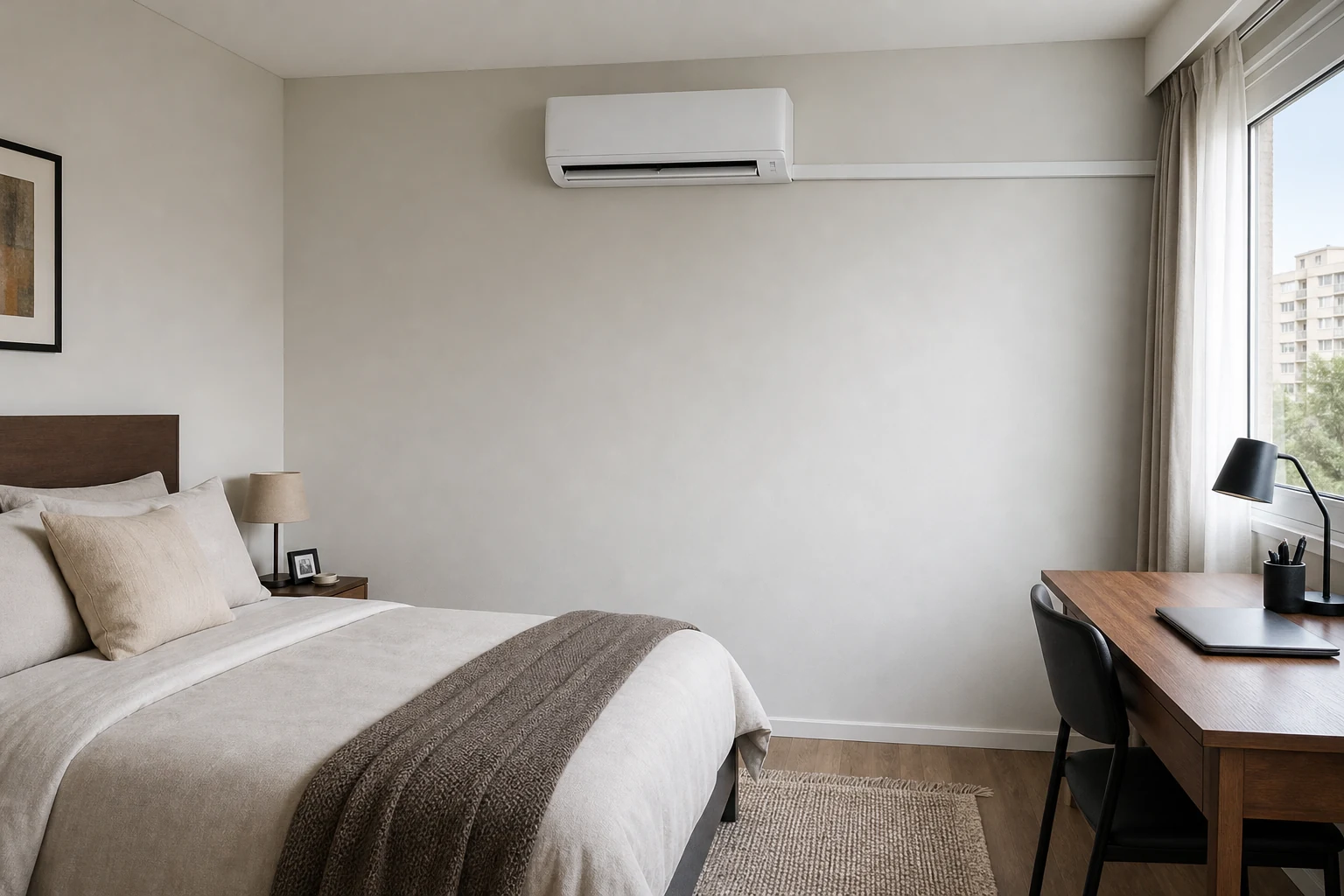 Unidad interior de aire acondicionado split instalada en un dormitorio con salida de aire despejada