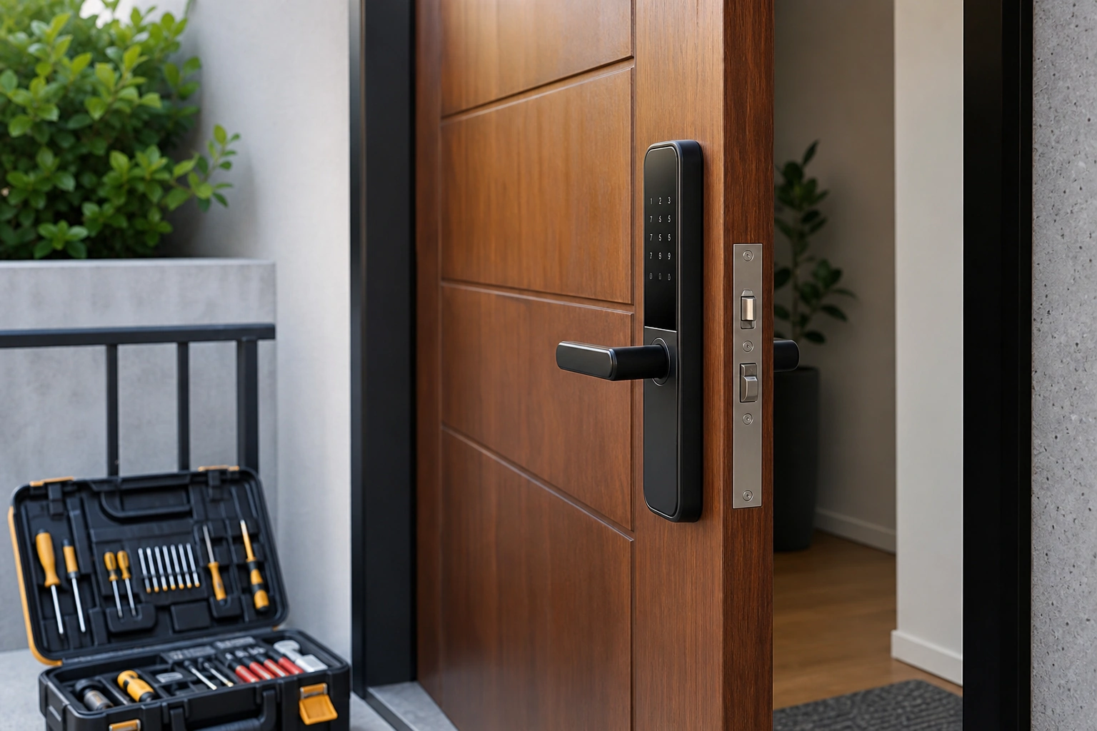 Cerradura digital instalada en una puerta residencial moderna con herramientas de instalación
