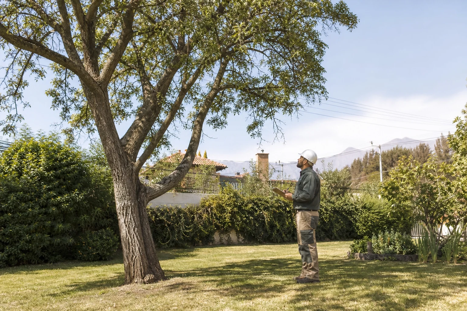 Especialista evalúa desde el suelo un árbol de jardín antes de decidir entre poda y retiro