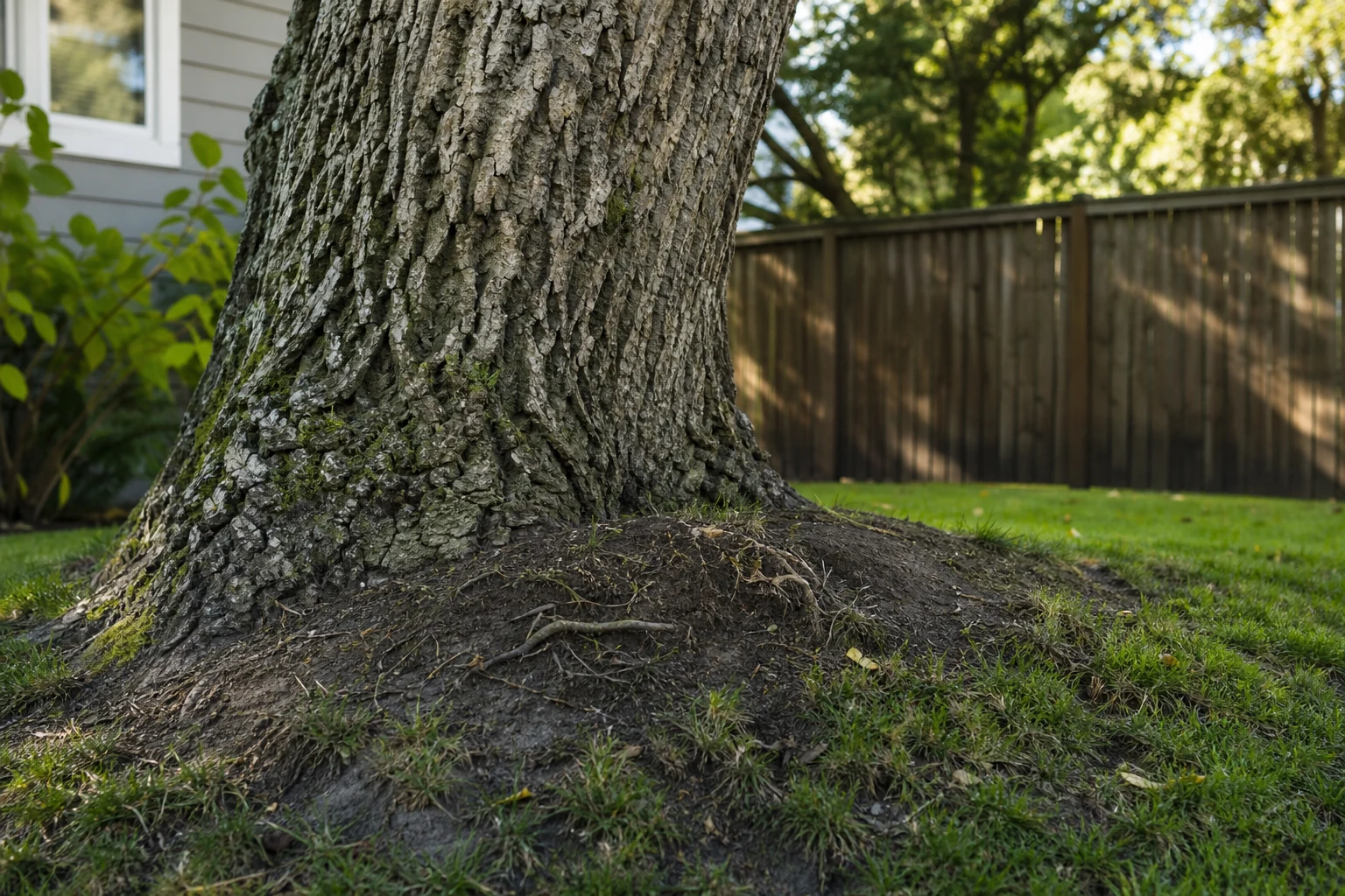 Base de un árbol inclinado con suelo levantado, señal que requiere evaluación profesional