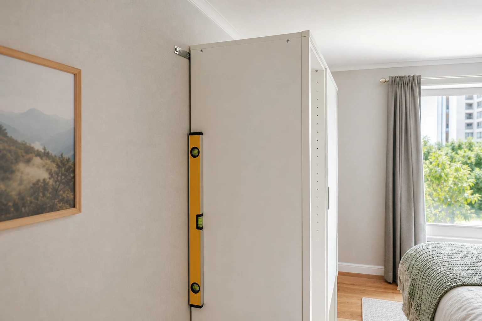 Clóset modular nivelado junto al muro antes de completar su anclaje