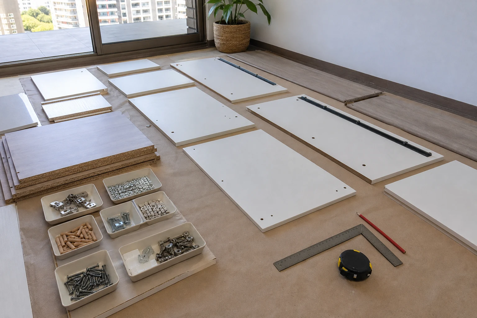 Paneles y herrajes de un mueble modular ordenados antes del armado