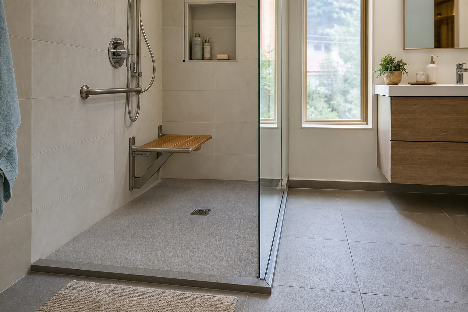 Ducha de acceso bajo con asiento y piso mate antideslizante