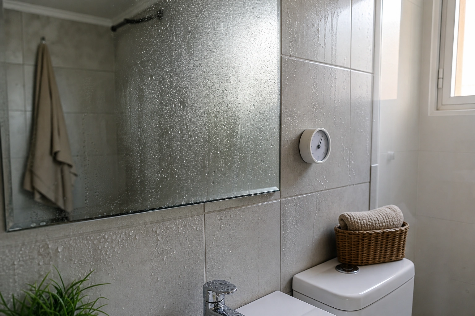 Baño sin ventilación con condensación en espejo y cerámicas