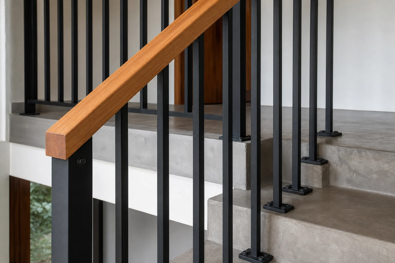 Detalle de baranda metálica con pasamanos de madera y puntos de anclaje en escalera interior