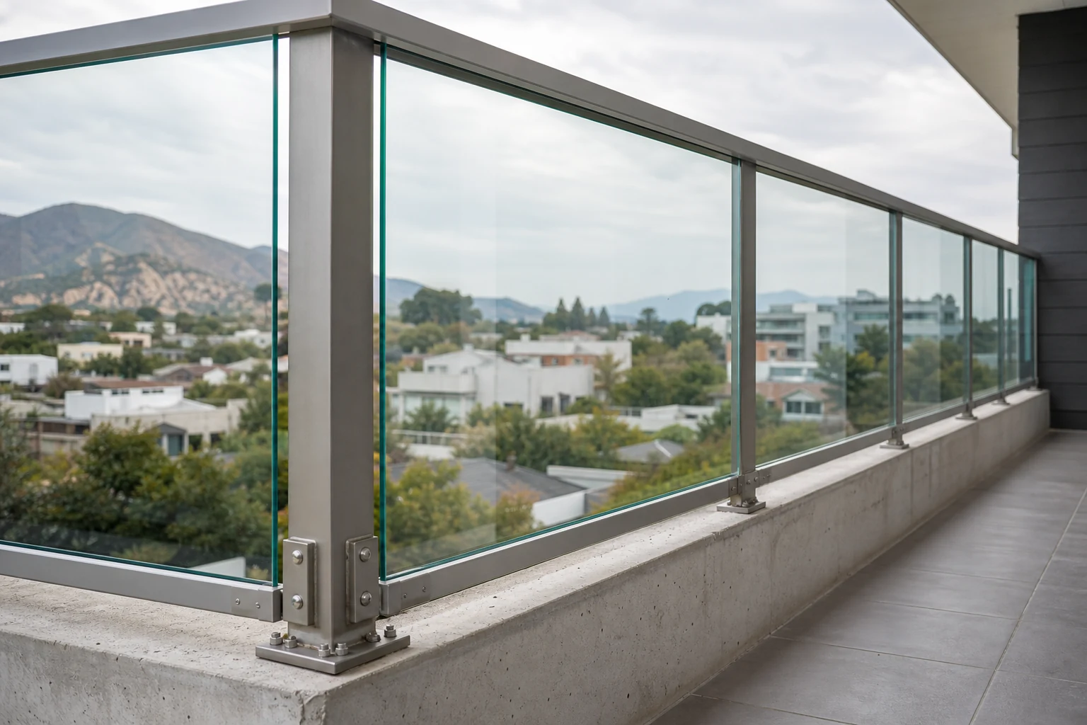 Baranda de vidrio con estructura y fijaciones visibles en una terraza residencial