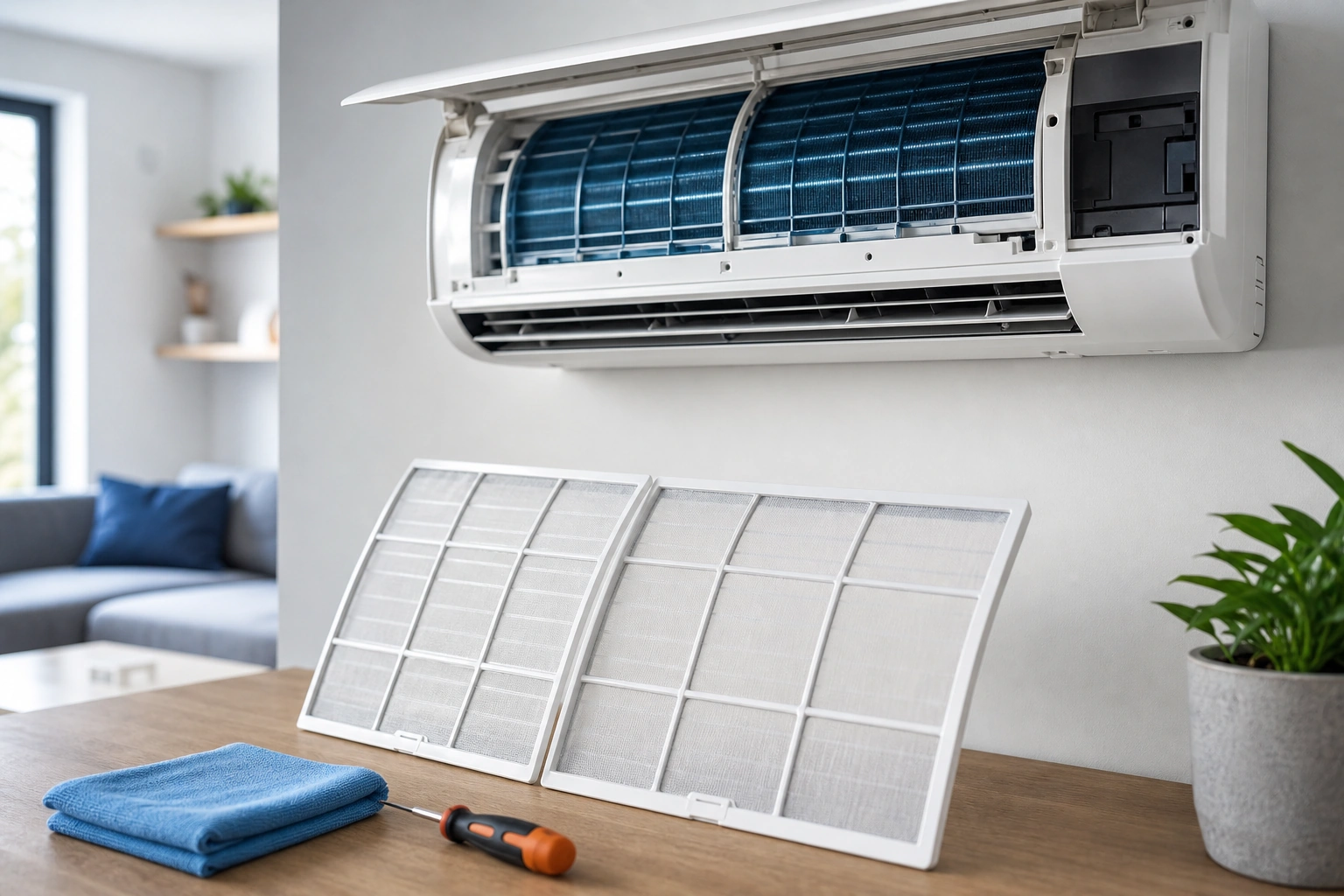 Limpieza de filtros de aire acondicionado split en una mantención preventiva