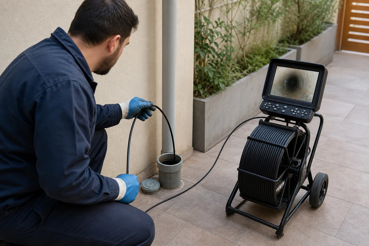 Técnico realizando una inspección de alcantarillado con cámara desde un registro accesible