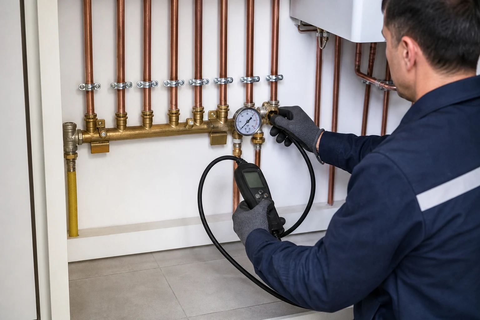 Técnico realizando una prueba de hermeticidad en una red de gas domiciliaria