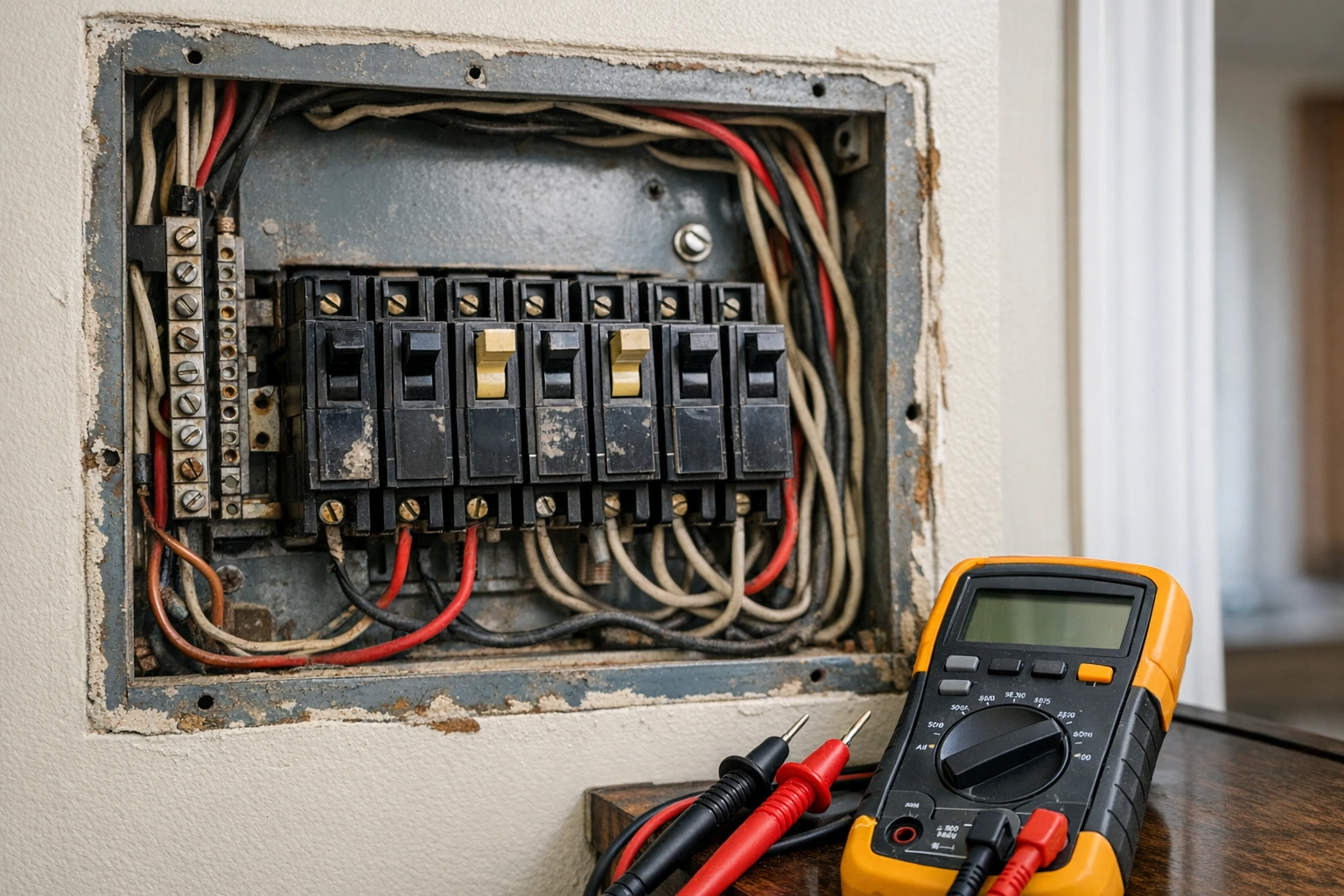 Tablero eléctrico antiguo en revisión profesional