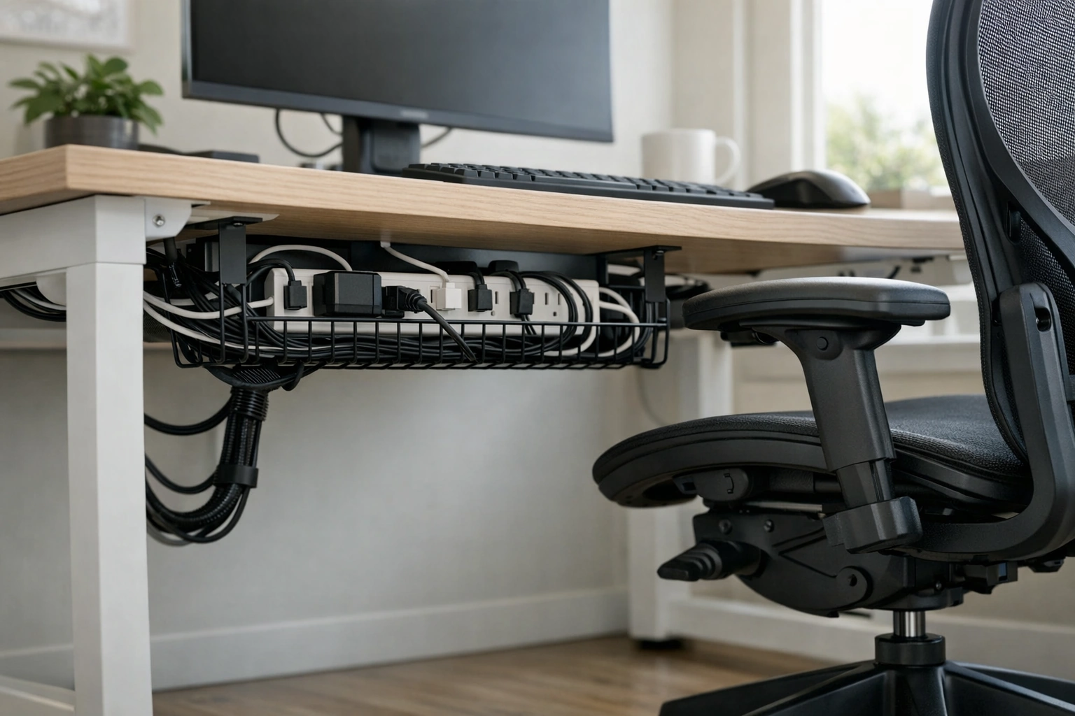 Escritorio con cables ordenados y distribución ergonómica para teletrabajo