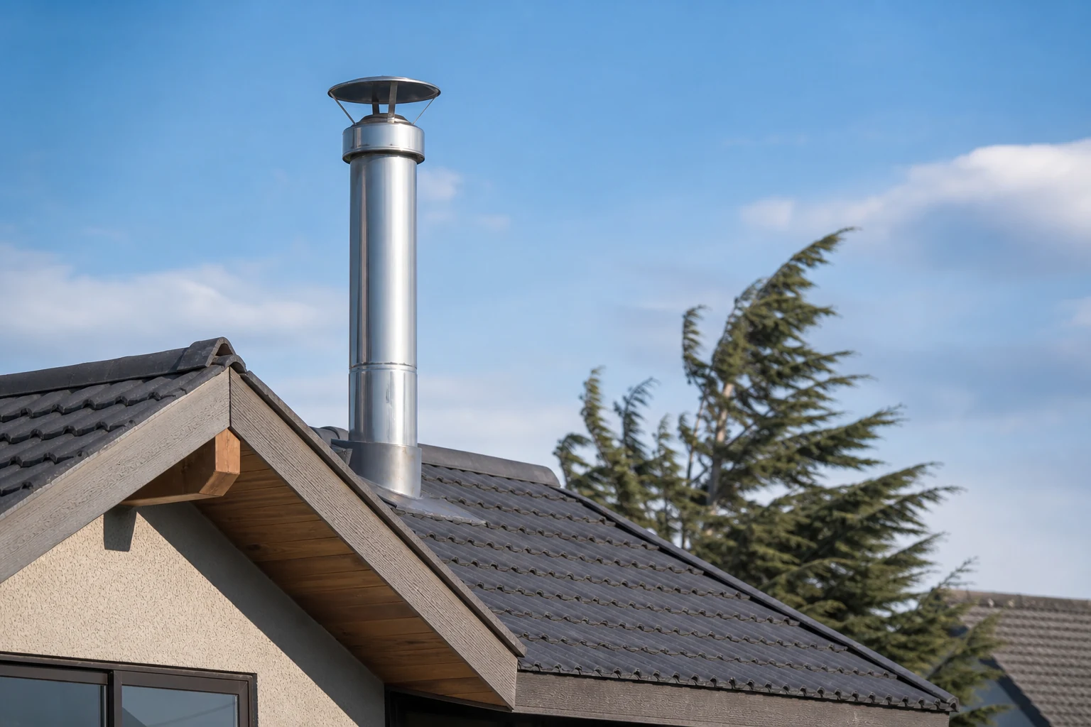 Salida y sombrerete de una chimenea sobre el techo para un tiraje seguro