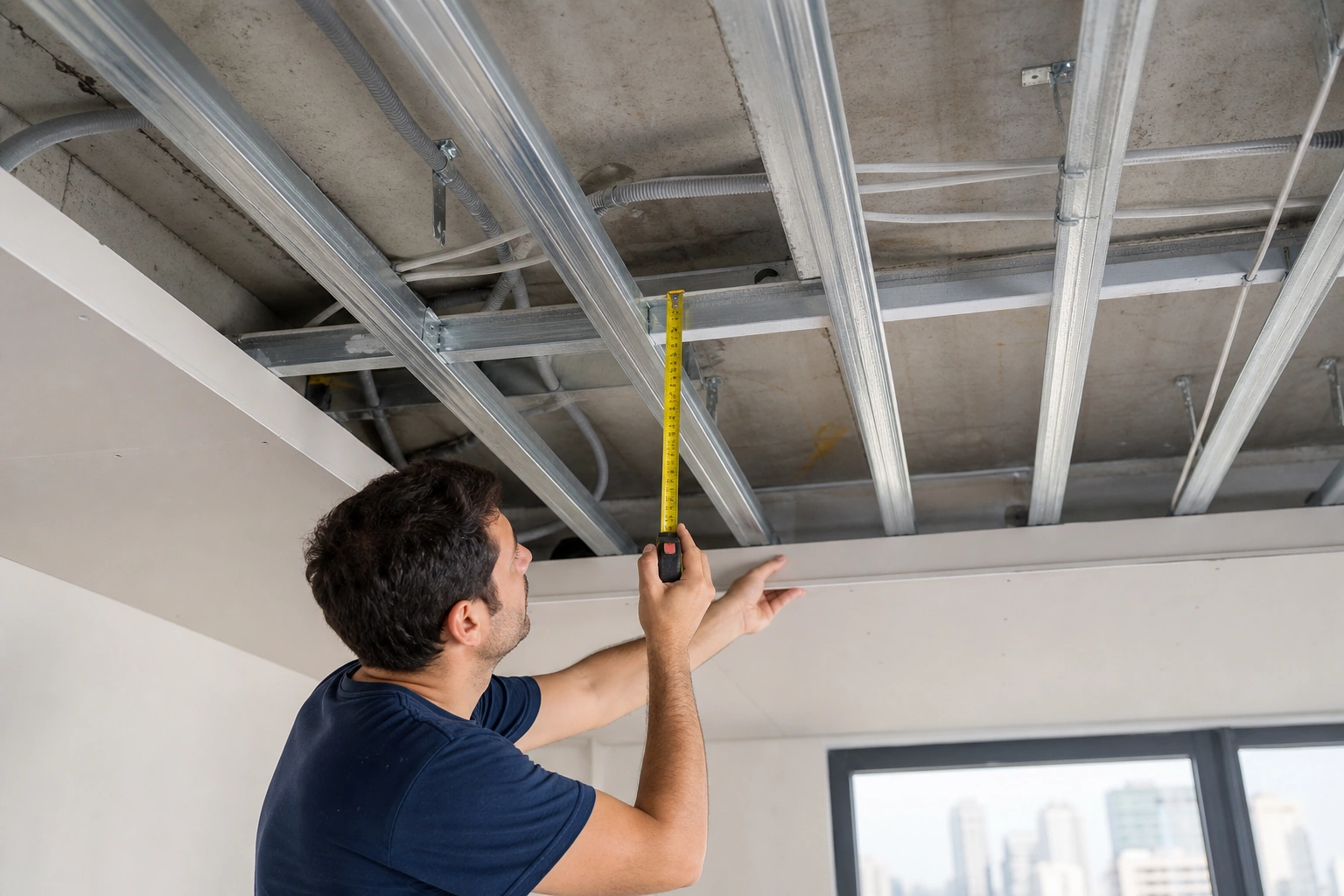 Estructura de metal y planchas para instalar cielo falso en un departamento