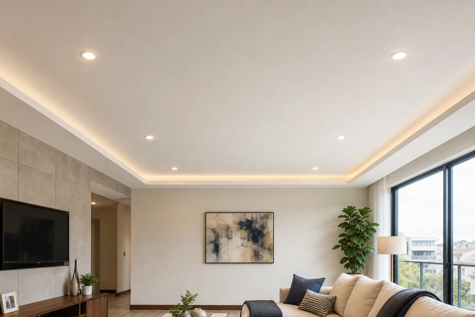 Cielo falso terminado con focos LED empotrados en una habitación moderna