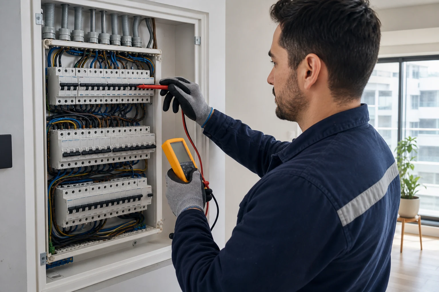 Electricista revisando protecciones de un circuito eléctrico dedicado en el tablero