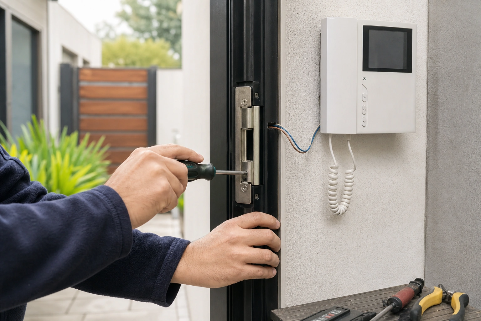 Revisión de una chapa eléctrica conectada a un citófono en una puerta residencial