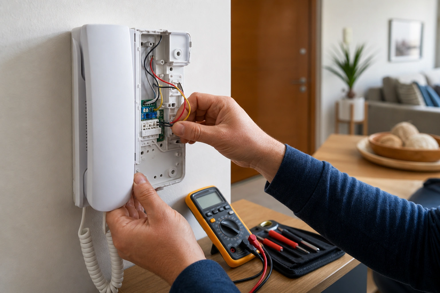 Técnico revisando un citófono residencial con multímetro y cableado de baja tensión