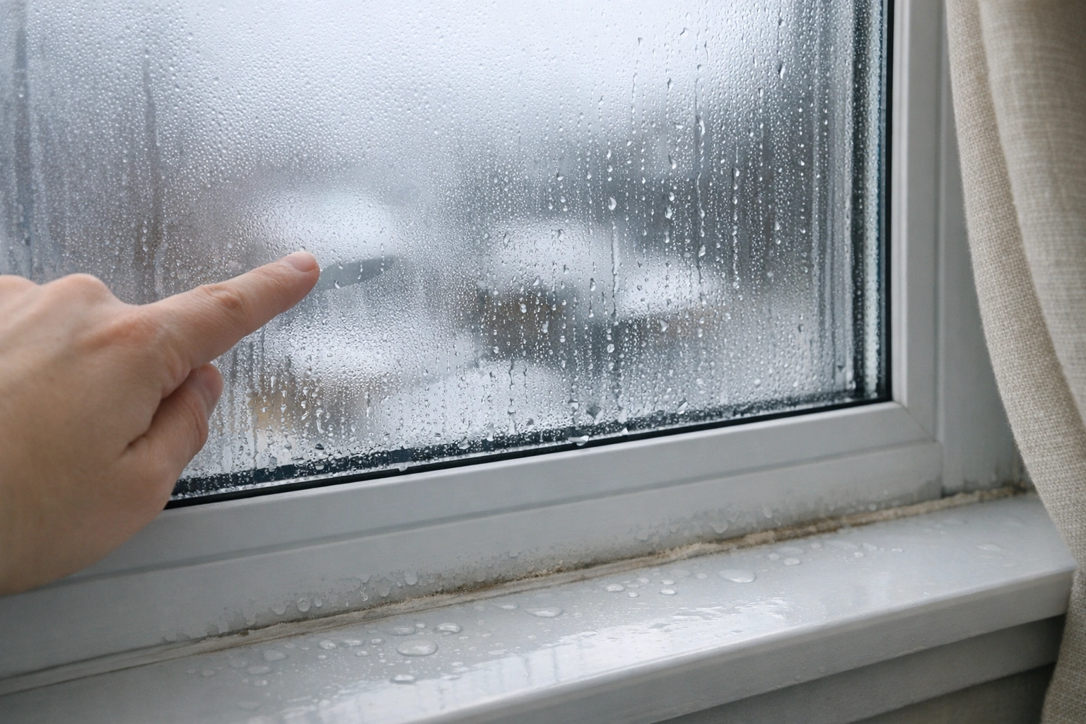 Gotas de condensación en el interior de una ventana durante el invierno