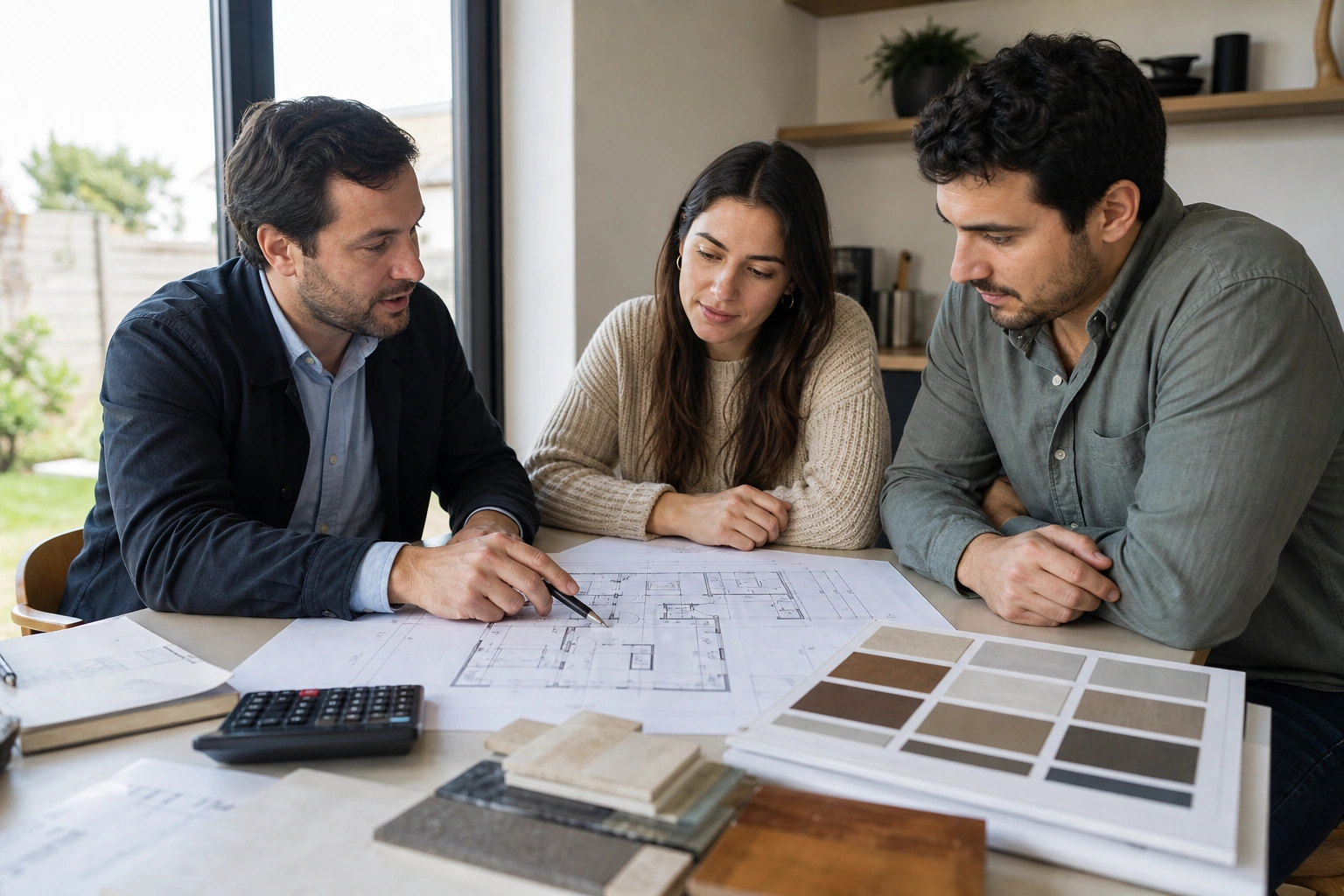 Familia y arquitecto comparando construcción llave en mano y por administración